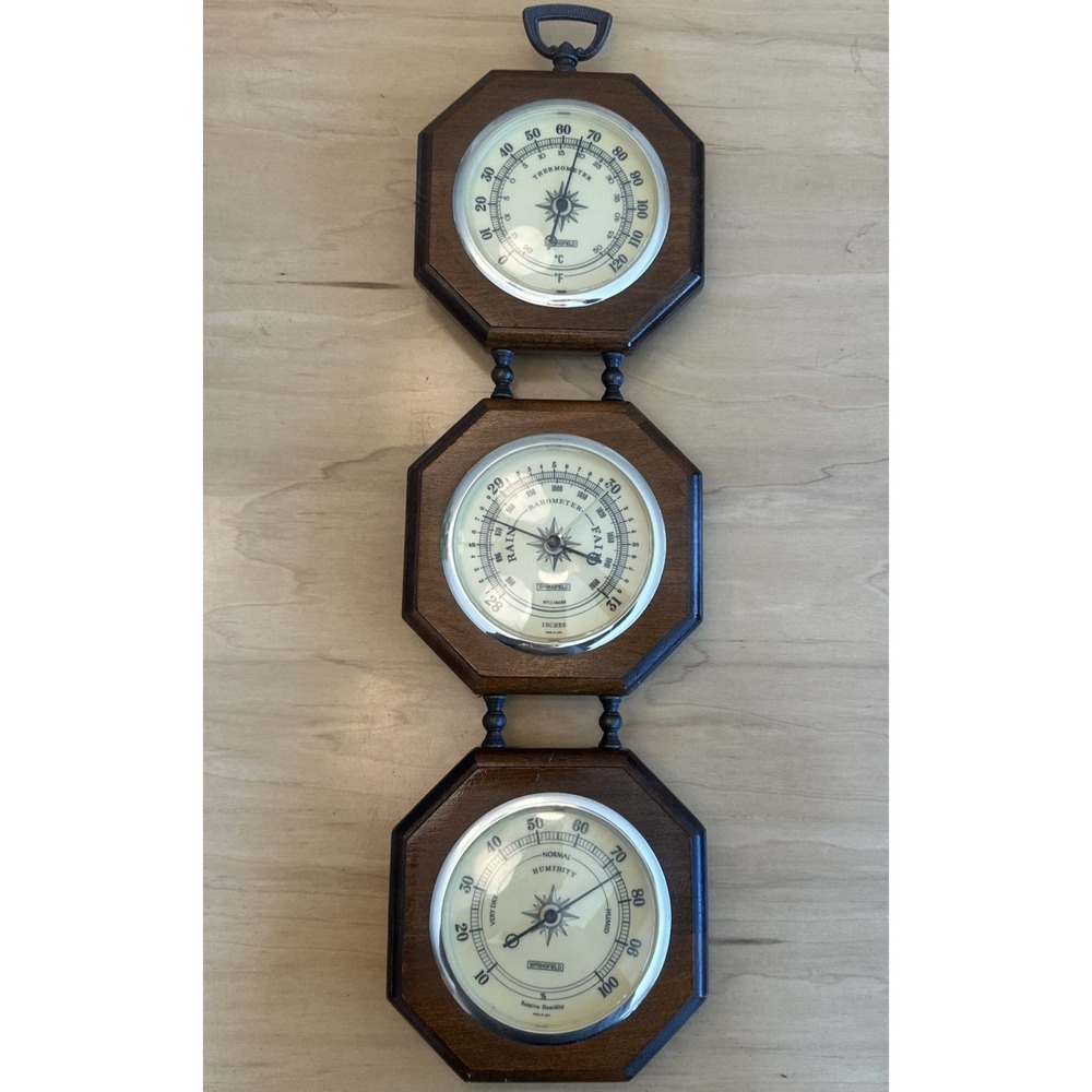 Vintage Springfield Weather Station Barometer‎ Thermometer Hygrometer Wood USA
